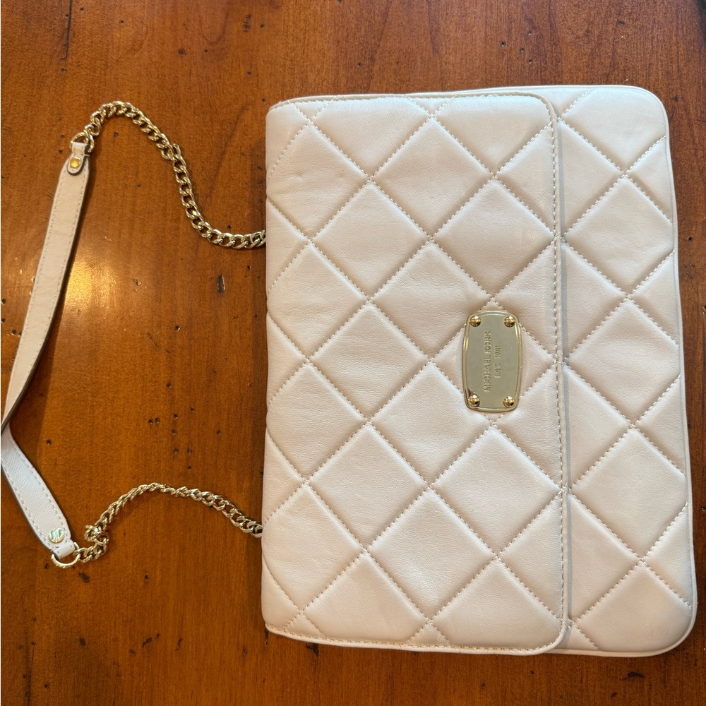 Michael Kors Quilted Cream Leather Flap Bag with Gold Plaque